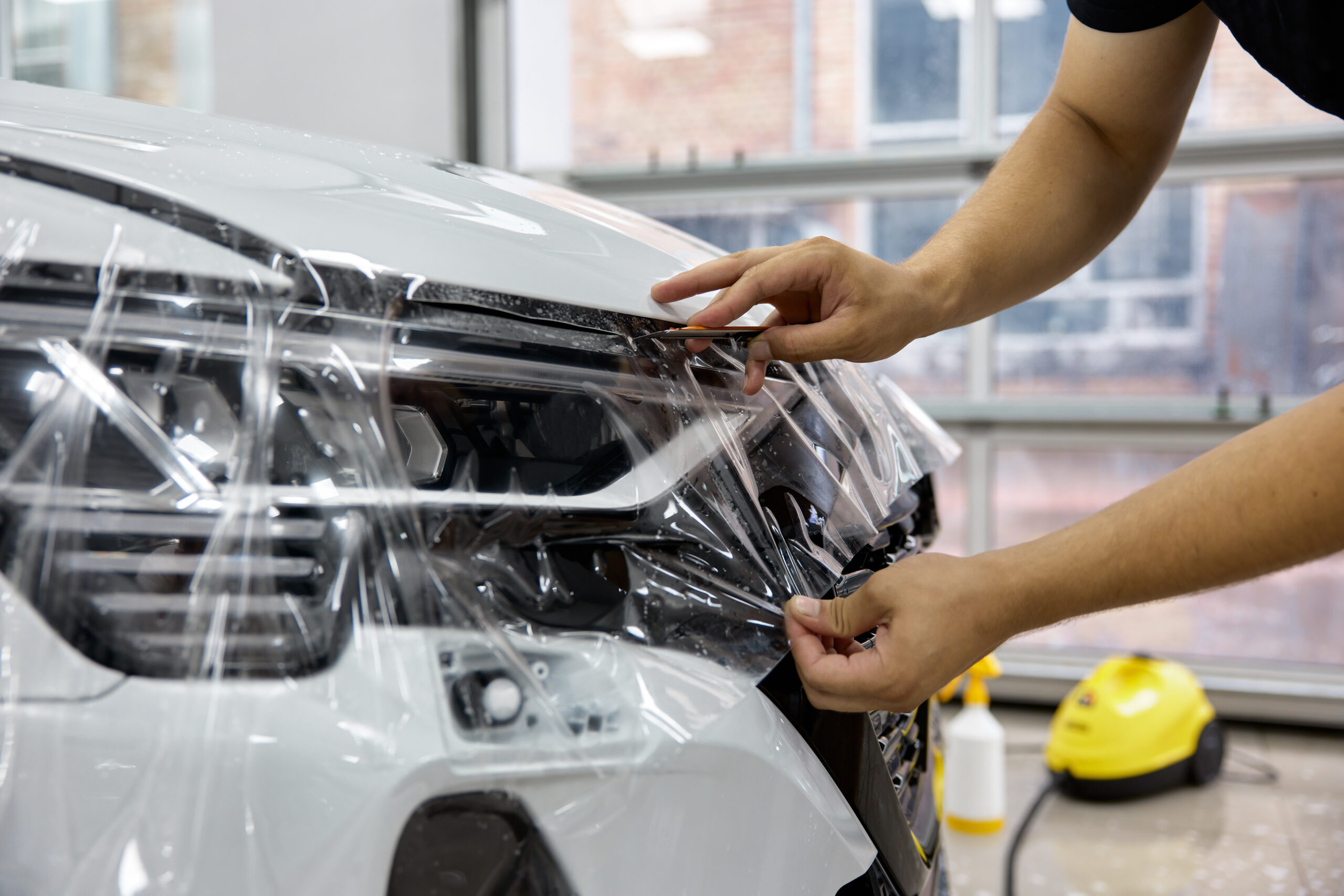 Technician carefully applying self-healing paint protection film to vehicle surface